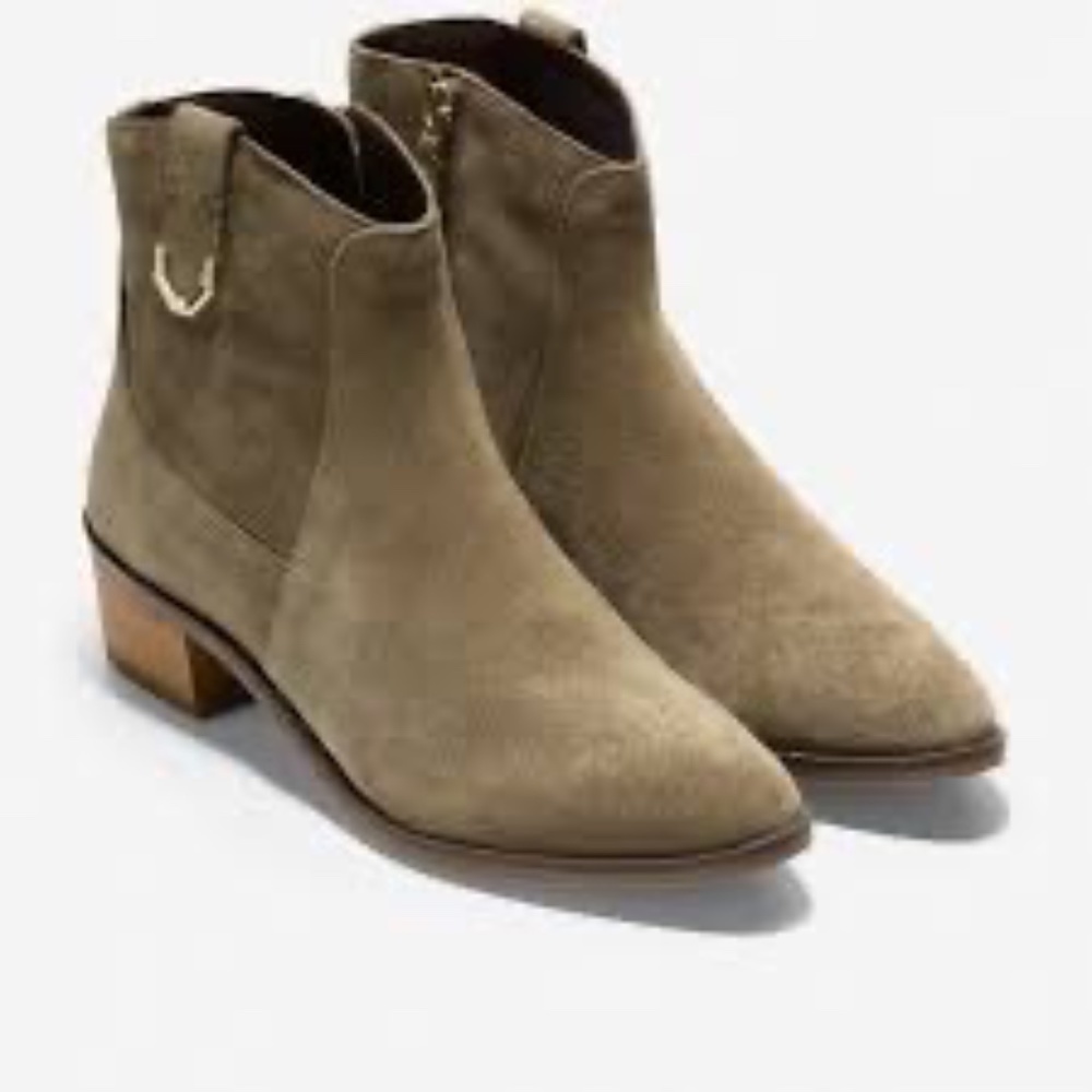 NEW! Cole Haan Olive booties ankle almond toe green olive suede leather Maci 7.5